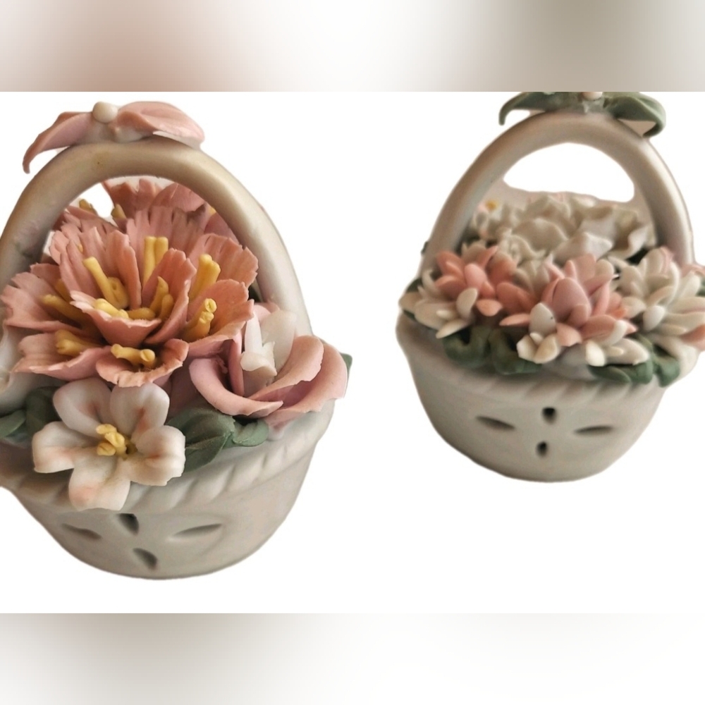 Vintage Small Ceramic Baskets (2) Delicate Colorful Flowers, Handle, Decorative - Picture 3 of 12